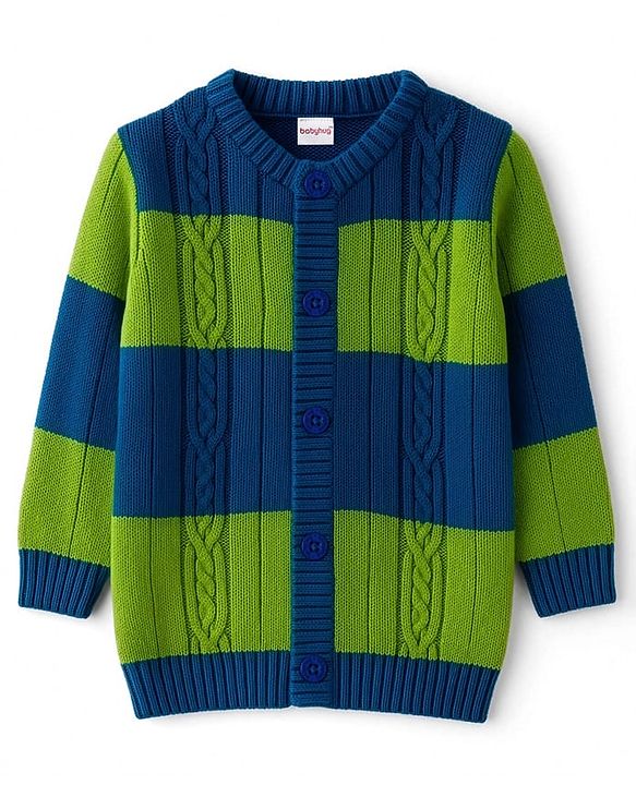 Babyhug Knit Full Sleeves Front Open Sweater With Stripes Design- Blue & Green