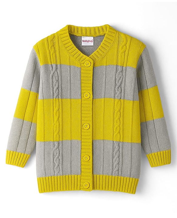 Babyhug Knit Full Sleeves Front Open Sweater With Stripes Design- Blue & Green