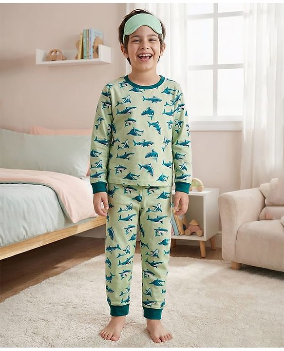 Pine Kids Single Jersey Knit Full Sleeves Co-Ord Night Suit With Shark Print - Lime Green