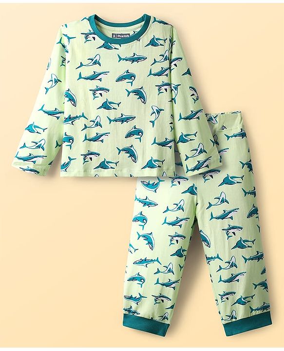 Pine Kids Single Jersey Knit Full Sleeves Co-Ord Night Suit With Shark Print - Lime Green