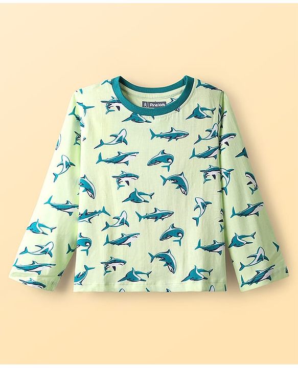 Pine Kids Single Jersey Knit Full Sleeves Co-Ord Night Suit With Shark Print - Lime Green