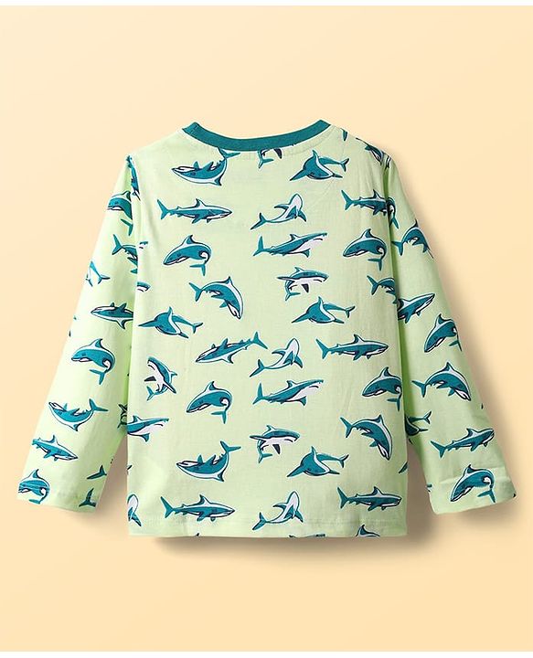 Pine Kids Single Jersey Knit Full Sleeves Co-Ord Night Suit With Shark Print - Lime Green