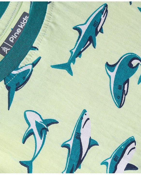 Pine Kids Single Jersey Knit Full Sleeves Co-Ord Night Suit With Shark Print - Lime Green