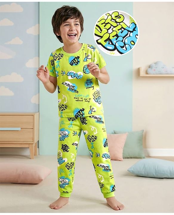 Pine Kids Single Jersey Knit Half Sleeves Co-ords Night Suit with Text Print - Neon Green