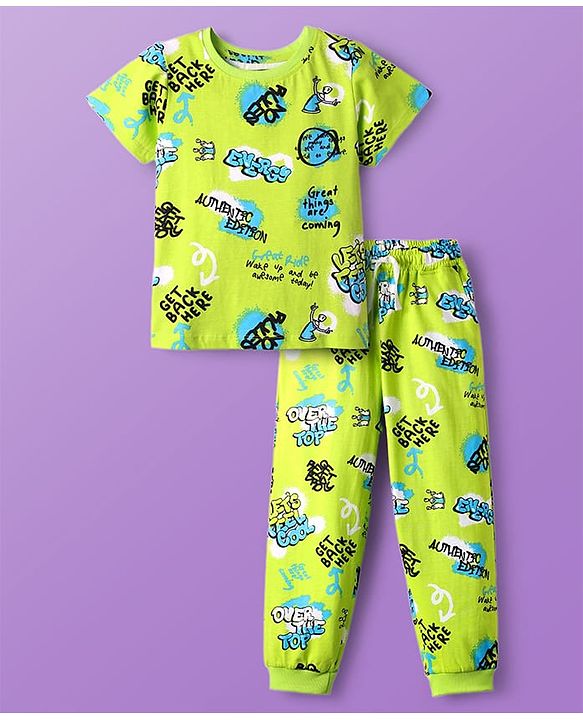 Pine Kids Single Jersey Knit Half Sleeves Co-ords Night Suit with Text Print - Neon Green