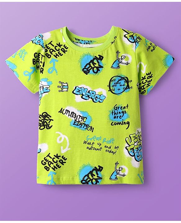 Pine Kids Single Jersey Knit Half Sleeves Co-ords Night Suit with Text Print - Neon Green