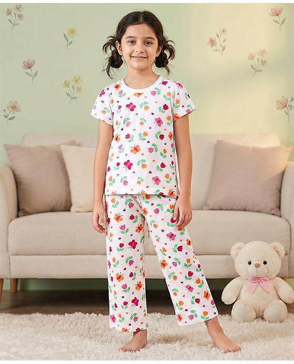 Pine Kids Single Jersey Knit Half Sleeves Co-ords Night Suit With Floral Print - White
