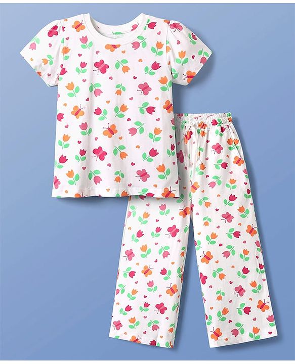 Pine Kids Single Jersey Knit Half Sleeves Co-ords Night Suit With Floral Print - White