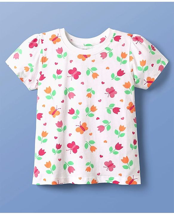 Pine Kids Single Jersey Knit Half Sleeves Co-ords Night Suit With Floral Print - White