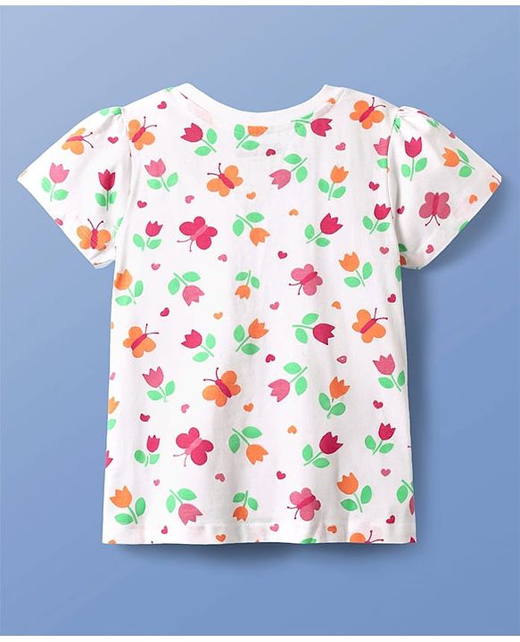 Pine Kids Single Jersey Knit Half Sleeves Co-ords Night Suit With Floral Print - White