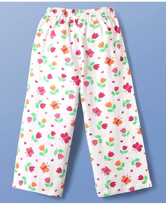 Pine Kids Single Jersey Knit Half Sleeves Co-ords Night Suit With Floral Print - White