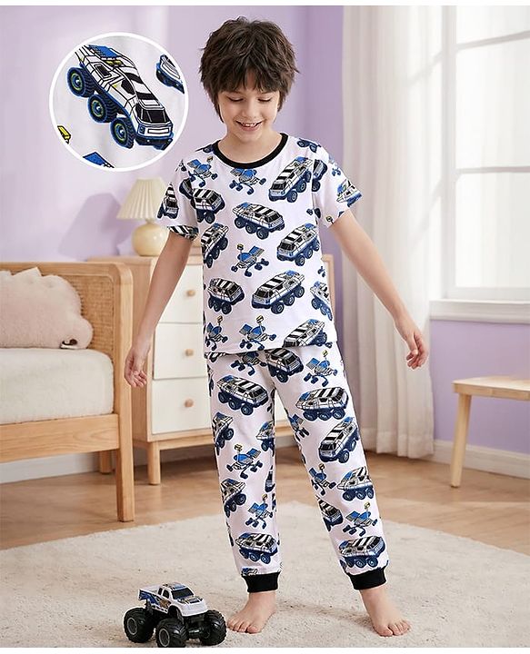 Pine Kids Single Jersey Knit Half Sleeves Co-ords Night Suit With Vehicle Print - White