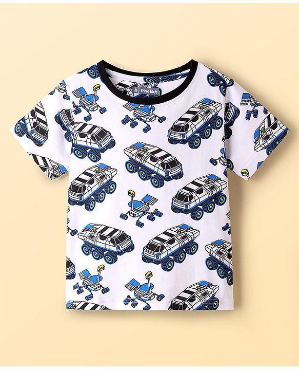 Pine Kids Single Jersey Knit Half Sleeves Co-ords Night Suit With Vehicle Print - White