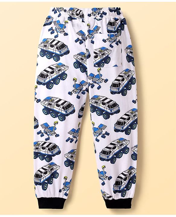 Pine Kids Single Jersey Knit Half Sleeves Co-ords Night Suit With Vehicle Print - White