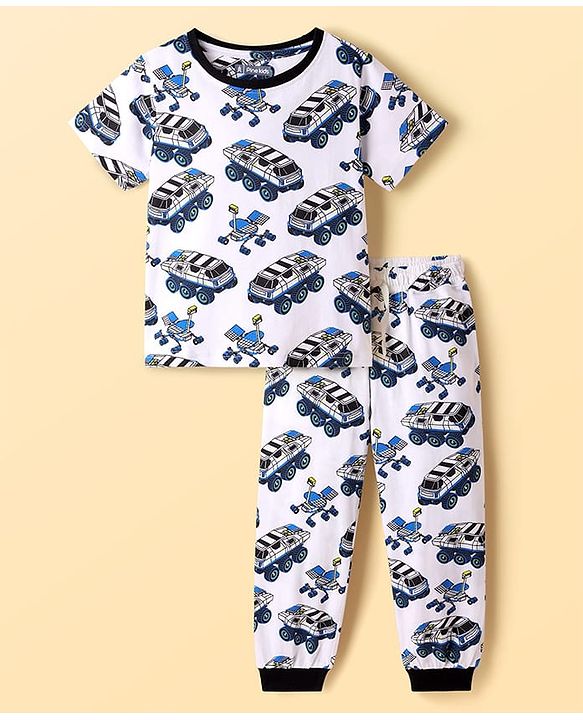 Pine Kids Single Jersey Knit Half Sleeves Co-ords Night Suit With Vehicle Print - White