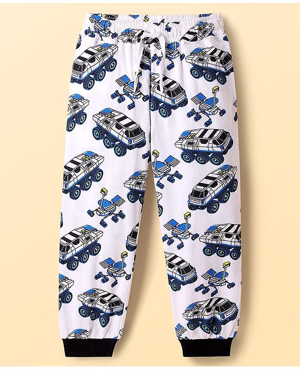 Pine Kids Single Jersey Knit Half Sleeves Co-ords Night Suit With Vehicle Print - White