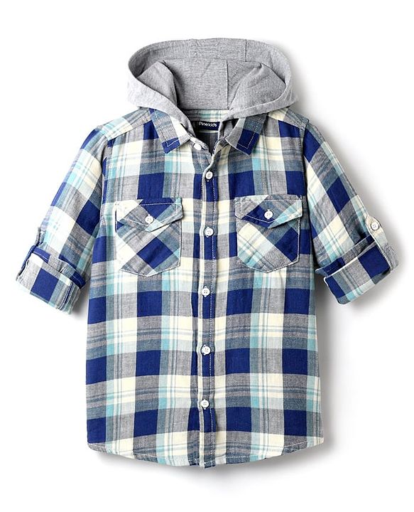 Pine Kids Cotton Woven Full Sleeves Hooded Shirt with Checks Print - Blue