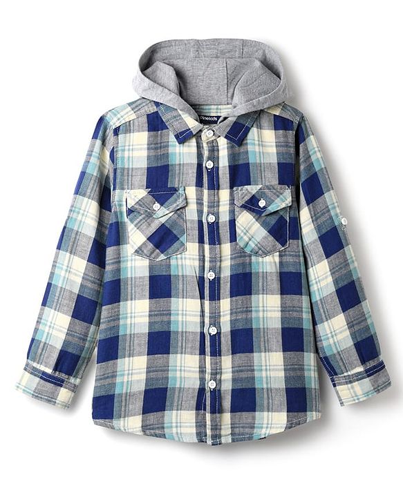 Pine Kids Cotton Woven Full Sleeves Hooded Shirt with Checks Print - Blue