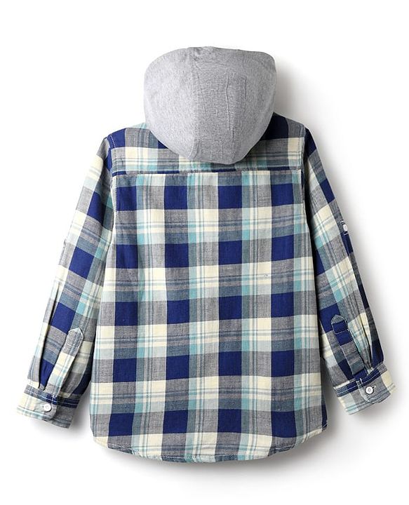 Pine Kids Cotton Woven Full Sleeves Hooded Shirt with Checks Print - Blue