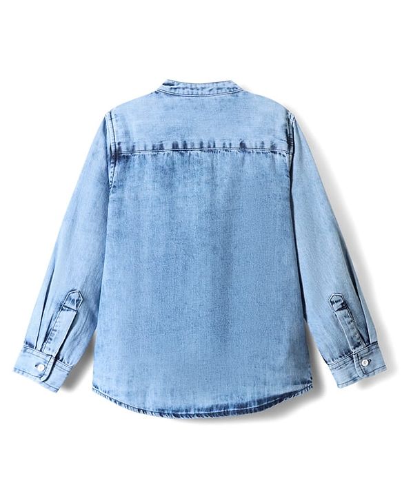 Pine Kids Denim Woven Full Sleeves Mandarin Collared Washed Shirt - Light Blue