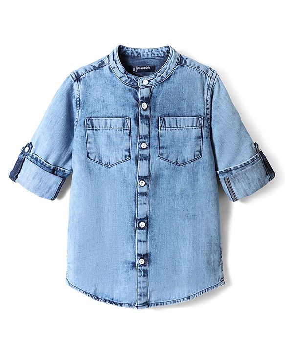 Pine Kids Denim Woven Full Sleeves Mandarin Collared Washed Shirt - Light Blue