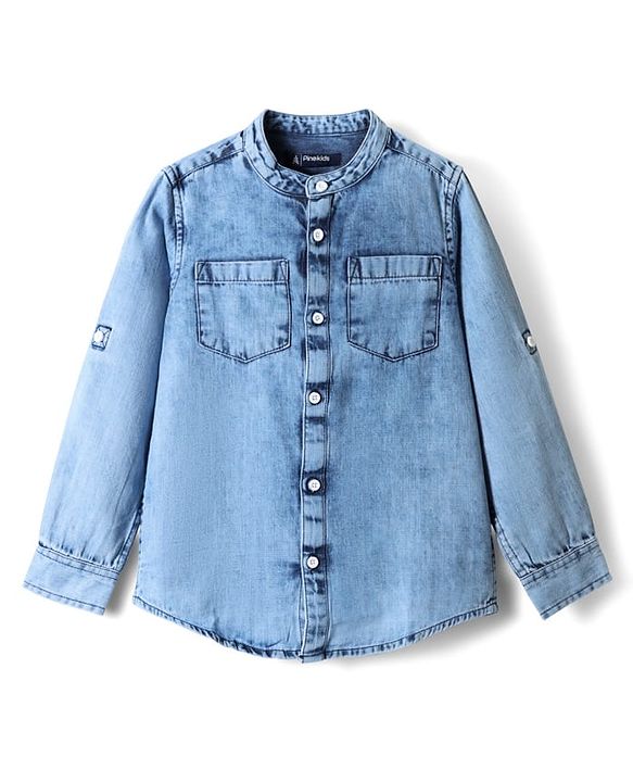 Pine Kids Denim Woven Full Sleeves Mandarin Collared Washed Shirt - Light Blue