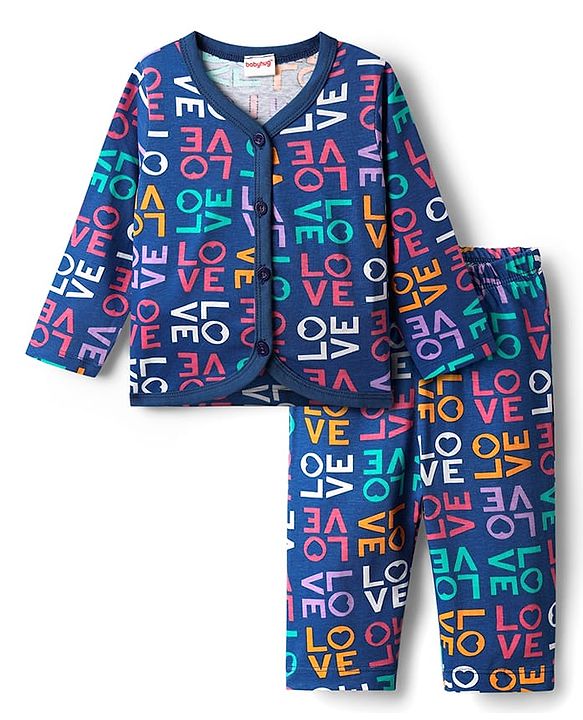 Babyhug Single Jersey Knit Full Sleeves Front Open Top & Lounge Pant  Co-Ord Set With Love Print - Navy Blue