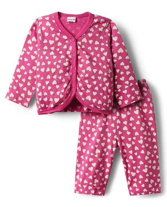 Babyhug Single Jersey Knit Full Sleeves Front Open Hearts Printed Top & Pant Set - Dark Pink