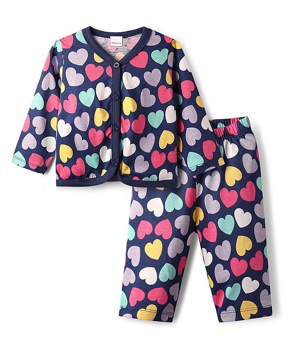 Babyhug Single Jersey Knit Full Sleeves Top & Leggings Co-Ord Set With Heart Print - Navy Blue