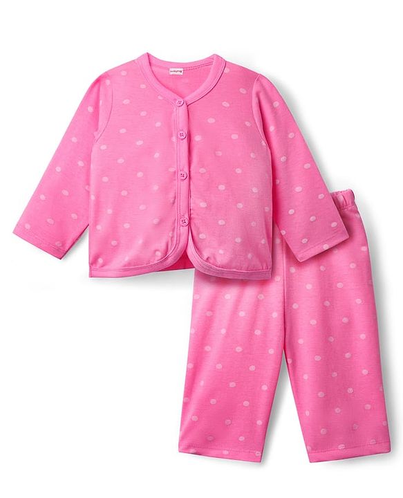 Babyhug Single Jersey Knit Full Sleeves Front Open Polka Dots Printed Top & Pant Set - Dark Pink