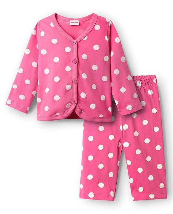 Babyhug Single Jersey Knit Full Sleeves Front Open Top & Lounge Pant  Co-Ord Set With Polka Dot Print - Pink