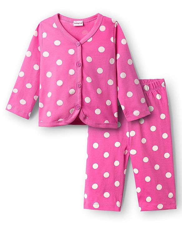 Babyhug Single Jersey Knit Full Sleeves Front Open Top & Lounge Pant  Co-Ord Set With Polka Dot Print - Pink