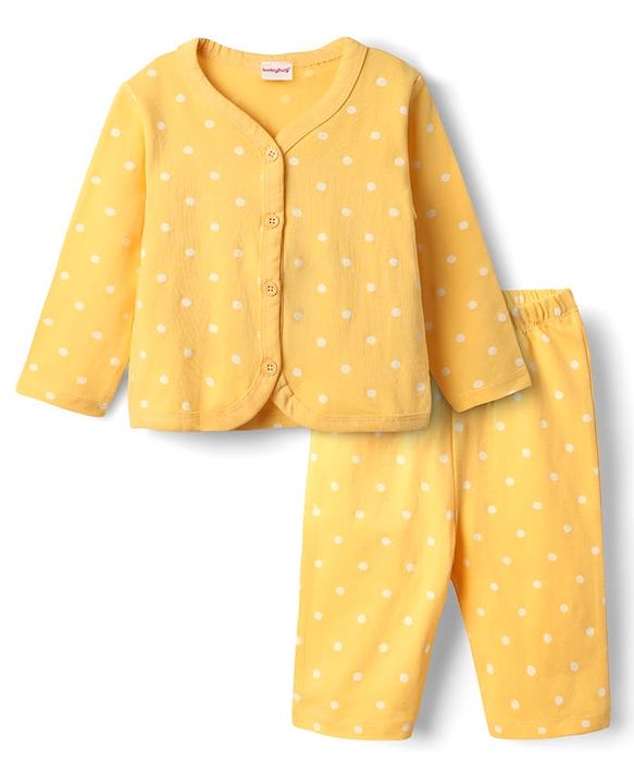 Babyhug Single Jersey Knit Full Sleeves Front Open Top & Lounge Pant Co-Ord Set With Polka Dot Print - Yellow