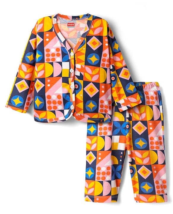 Babyhug Single Jersey Knit Full Sleeves Printed Front Open Top & Lounge Pant Co-Ord Set - Multicolor