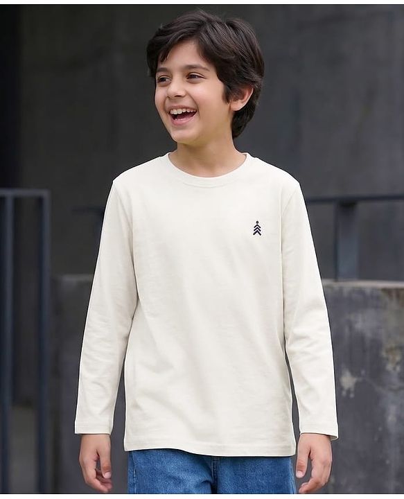 Pine Kids Cotton Knit Full Sleeves Solid T-Shirt with Brand Logo - White