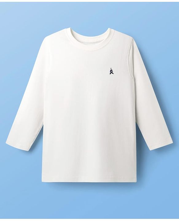 Pine Kids Cotton Knit Full Sleeves Solid T-Shirt with Brand Logo - White