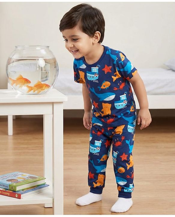 Babyhug Cotton Knit Half Sleeves Co-ords Night Suit With Fish Print - Navy Blue