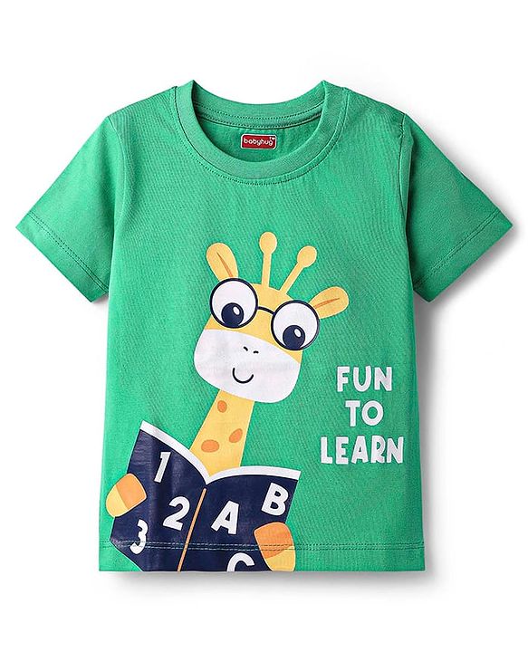 Babyhug Cotton Knit Half Sleeves Night Suit With Text & Animal Print - Green & Navy Blue