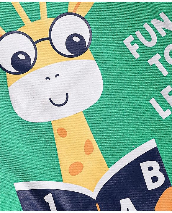 Babyhug Cotton Knit Half Sleeves Night Suit With Text & Animal Print - Green & Navy Blue