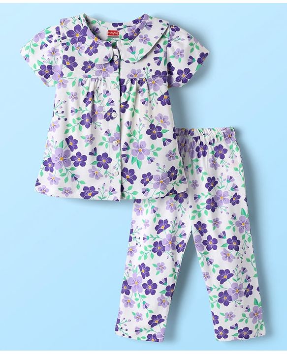 Babyhug Cotton Knit Front Open Half Sleeves Co-ords Night Suit With Floral Print - Blue