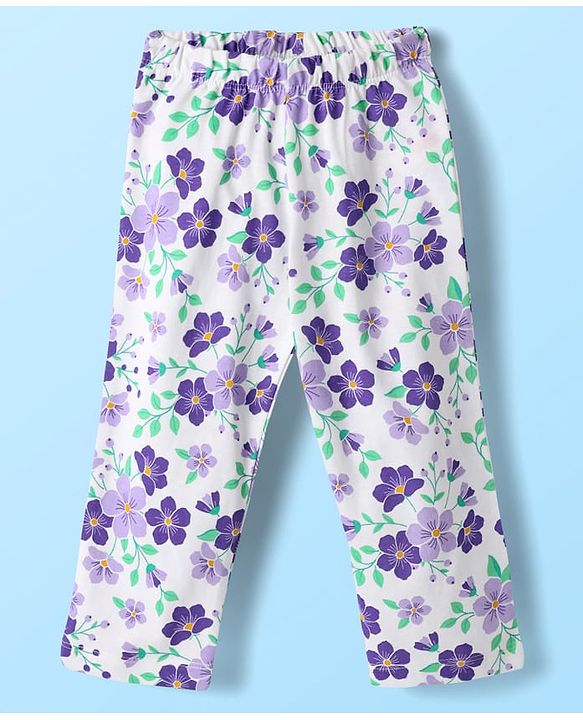 Babyhug Cotton Knit Front Open Half Sleeves Co-ords Night Suit With Floral Print - Blue