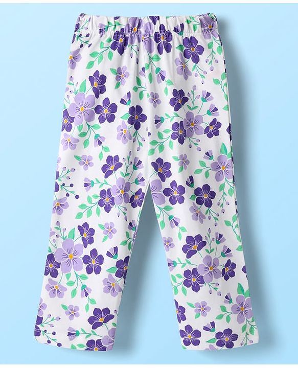 Babyhug Cotton Knit Front Open Half Sleeves Co-ords Night Suit With Floral Print - Blue