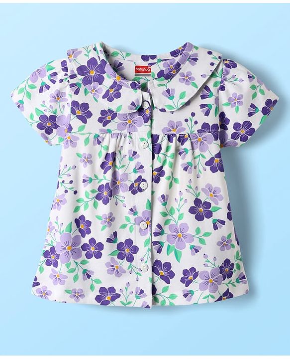 Babyhug Cotton Knit Front Open Half Sleeves Co-ords Night Suit With Floral Print - Blue