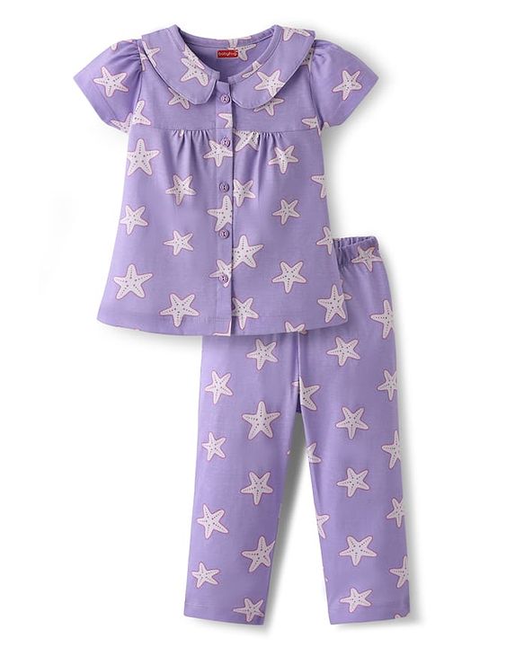 Babyhug Cotton Knit Half Sleeves Co-Ord Night Suit With Star Print - Purple