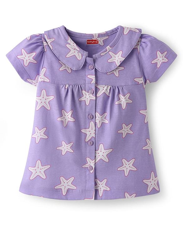 Babyhug Cotton Knit Half Sleeves Co-Ord Night Suit With Star Print - Purple