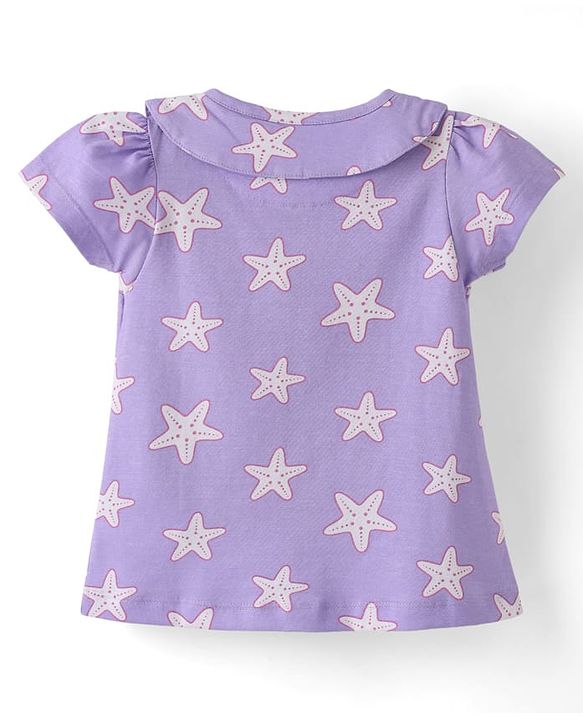 Babyhug Cotton Knit Half Sleeves Co-Ord Night Suit With Star Print - Purple