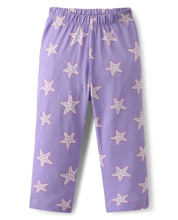 Babyhug Cotton Knit Half Sleeves Co-Ord Night Suit With Star Print - Purple