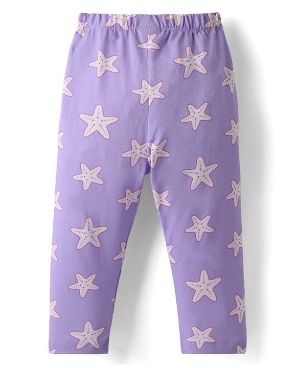 Babyhug Cotton Knit Half Sleeves Co-Ord Night Suit With Star Print - Purple