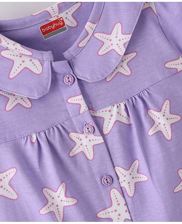 Babyhug Cotton Knit Half Sleeves Co-Ord Night Suit With Star Print - Purple