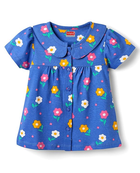 Babyhug 100% Cotton Knit Half Sleeves Co-ords Front Open Night Suit With Floral Print - Blue